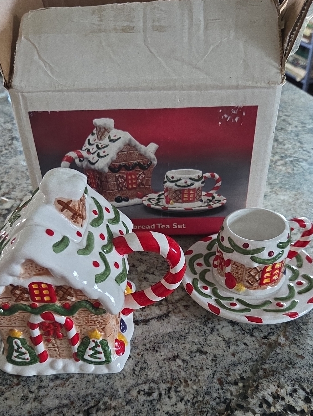Sakura Debbie Mums Gingerbread House Ceramic Tea Set w/Box